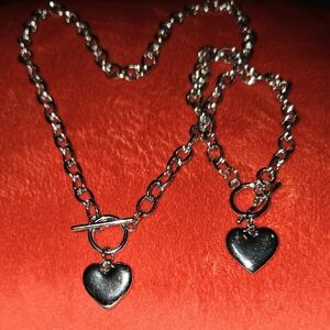Silver Heart Pendant Necklace and Bracelet Set